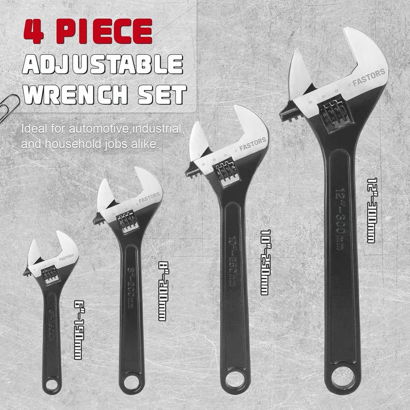 FASTORS 4-Pack Adjustable Wrench,6"/8"/10"/12” Drop Forged Black Oxide Heavy Duty with Smooth Jaw - Image 2